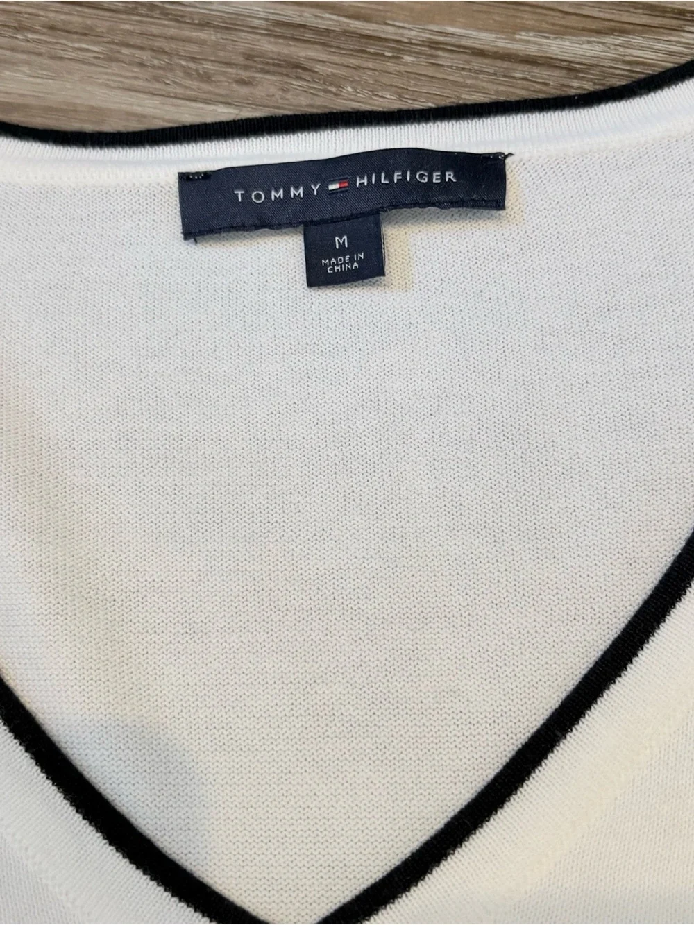 Tommy Hilfiger White V-Neck Sweater with Red & Navy Stripe Cuffs